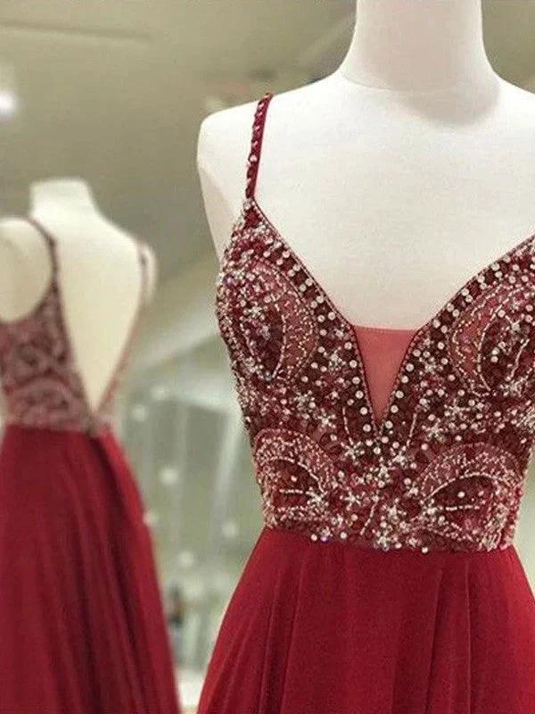 A-Line Elegant Sleeveless Spaghetti Straps Chiffon Floor-Length Beading Prom Dresses by misshow.com