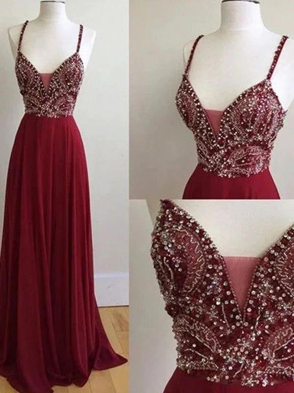 A-Line Elegant Sleeveless Spaghetti Straps Chiffon Floor-Length Beading Prom Dresses by misshow.com