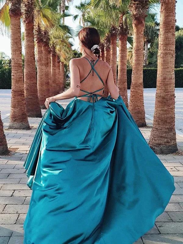A-Line/Elegant Straps Sleeveless Ruffles Silk like Satin Prom Dresses by misshow.com
