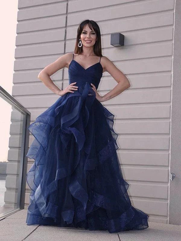 A-Line/Elegant Tulle Layers V-neck Sleeveless Floor-Length Prom Dresses by misshow.com