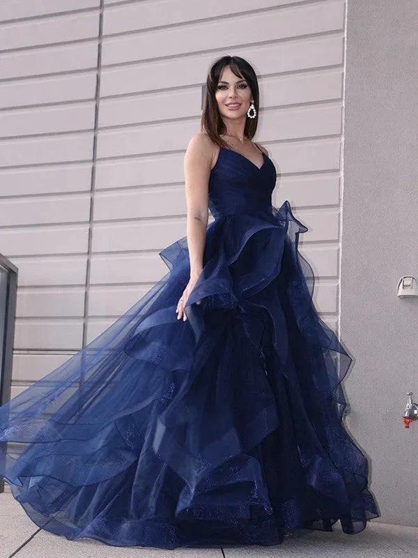 A-Line/Elegant Tulle Layers V-neck Sleeveless Floor-Length Prom Dresses by misshow.com