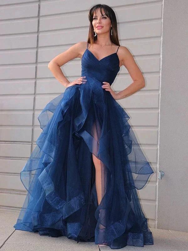 A-Line/Elegant Tulle Layers V-neck Sleeveless Floor-Length Prom Dresses by misshow.com