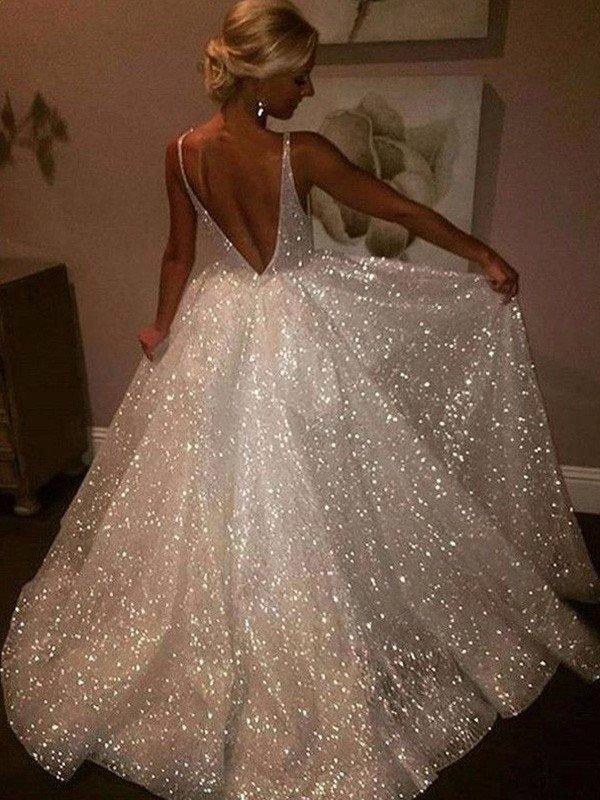 A-Line/Elegant Tulle Sleeveless V-neck Prom Dresses by misshow.com