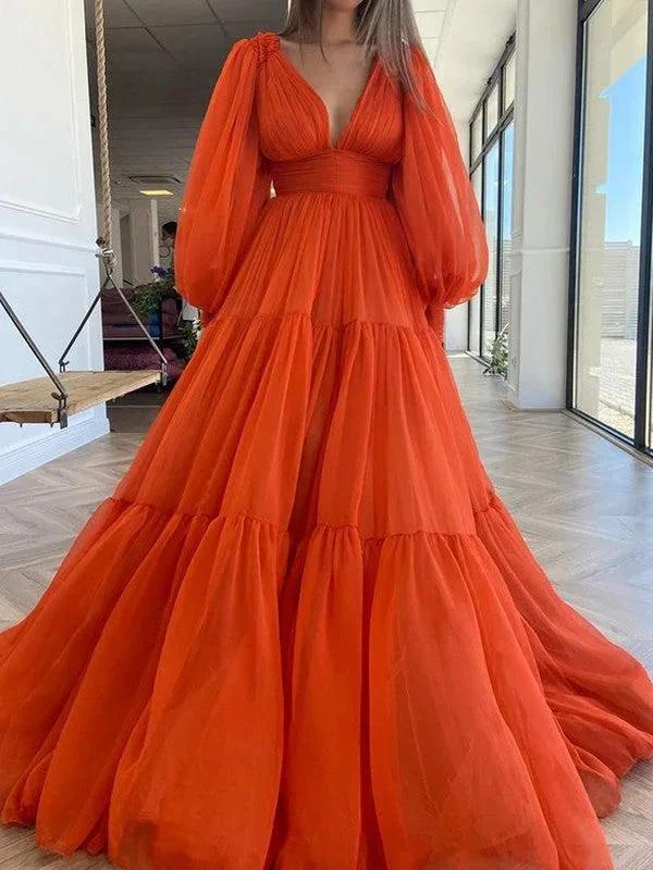 A-Linie/Elegant V-Ausschnitt Lange Ärmel 3D Chiffon Rüschen Ballkleider