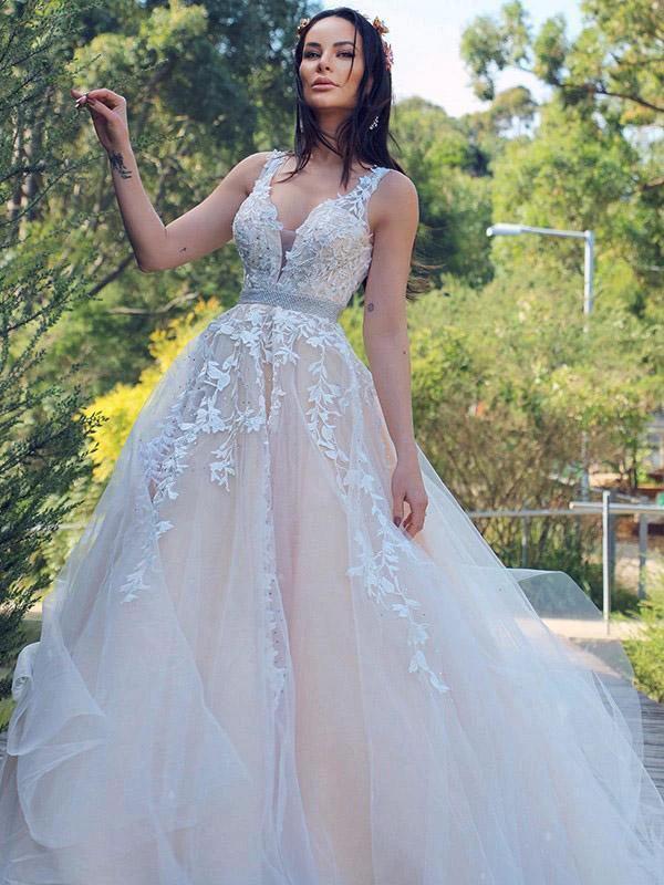 A-Line/Princess Applique Tulle Sleeveless V-neck Sweep Train Dresses WD537 by pgmdress