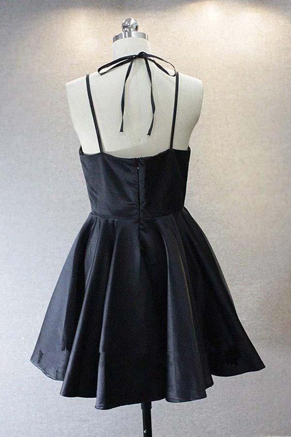 A Live V Neck Satin Short Black Prom Dress Homecoming Dresses PD156 by pgmdress