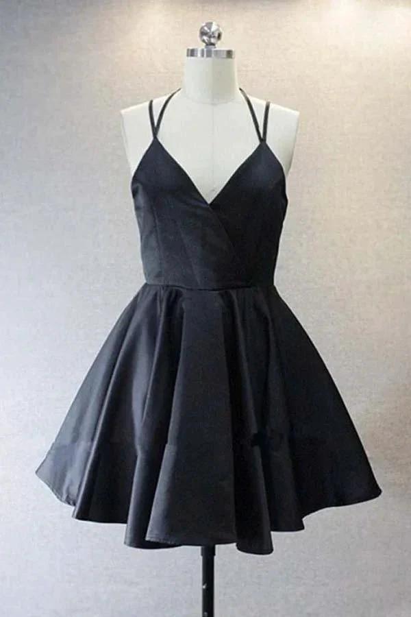 A Live V Neck Satin Short Black Prom Dress Homecoming Dresses PD156 by pgmdress