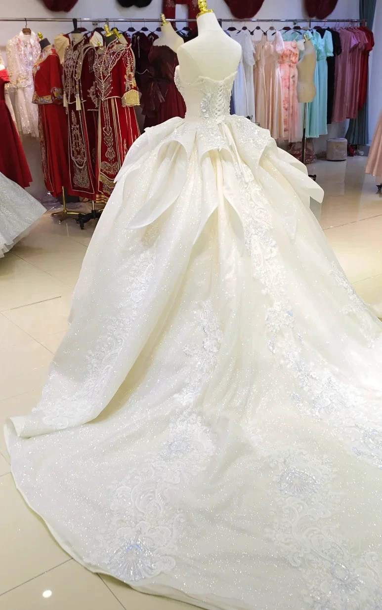 Ivory Glimmer Strapless Ballgown: Iridescent Beaded Bust &amp; Flowing Train by ZAPDRESS