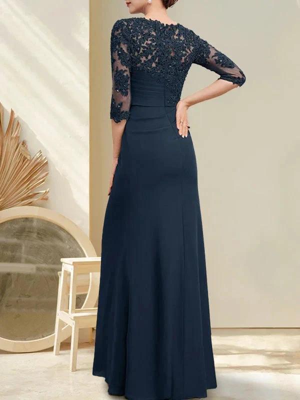 A-line Scoop Floor-Length Chiffon Lace Mother of the Bride Dress With Beading Pleated Sequins by Dreamylily
