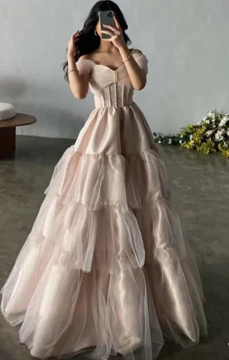 Elegant Tulle Satin Ball Gown Off The Shoulder Layered Prom Dress Y7633 by simplepromdress