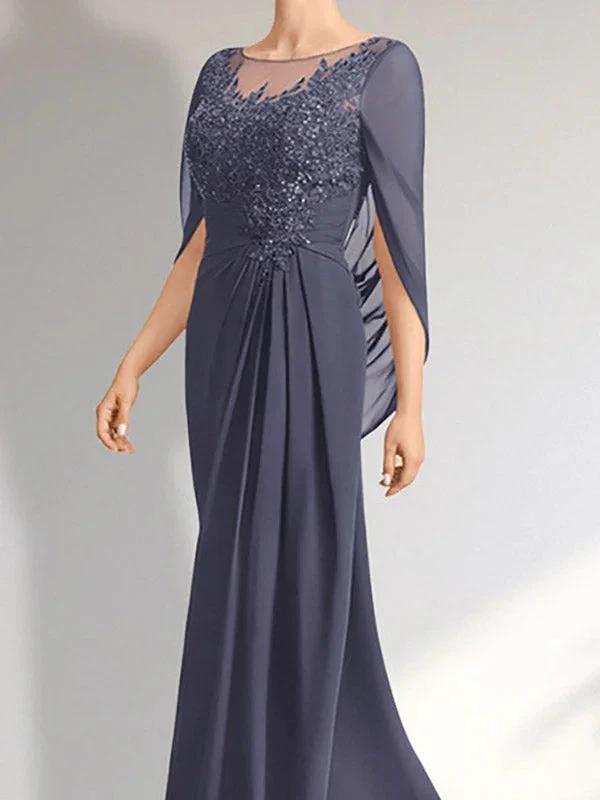 A-line Scoop Illusion Floor-Length Lace Chiffon Mother of the Bride Dress With Pleated Sequins by Dreamylily
