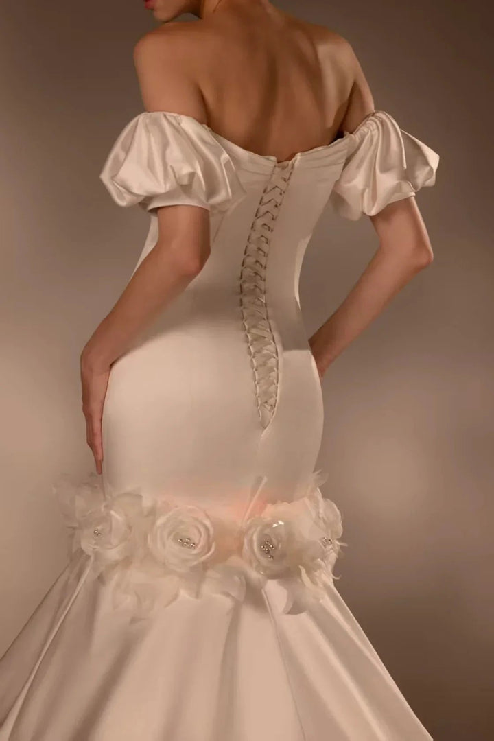 Gorgeous Long Mermaid Off-the-Shoulder Puff Sleeve Satin Wedding Dress with 3D Flower &amp; Lace-Up Back &amp; Tulle Train Q6012 by ZAPDRESS