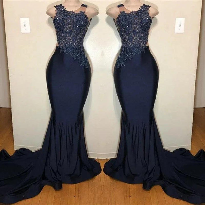 Off The Shoulder Sleeveless Mermaid Prom Dress with Intricate Appliques by BIZTUNNEL