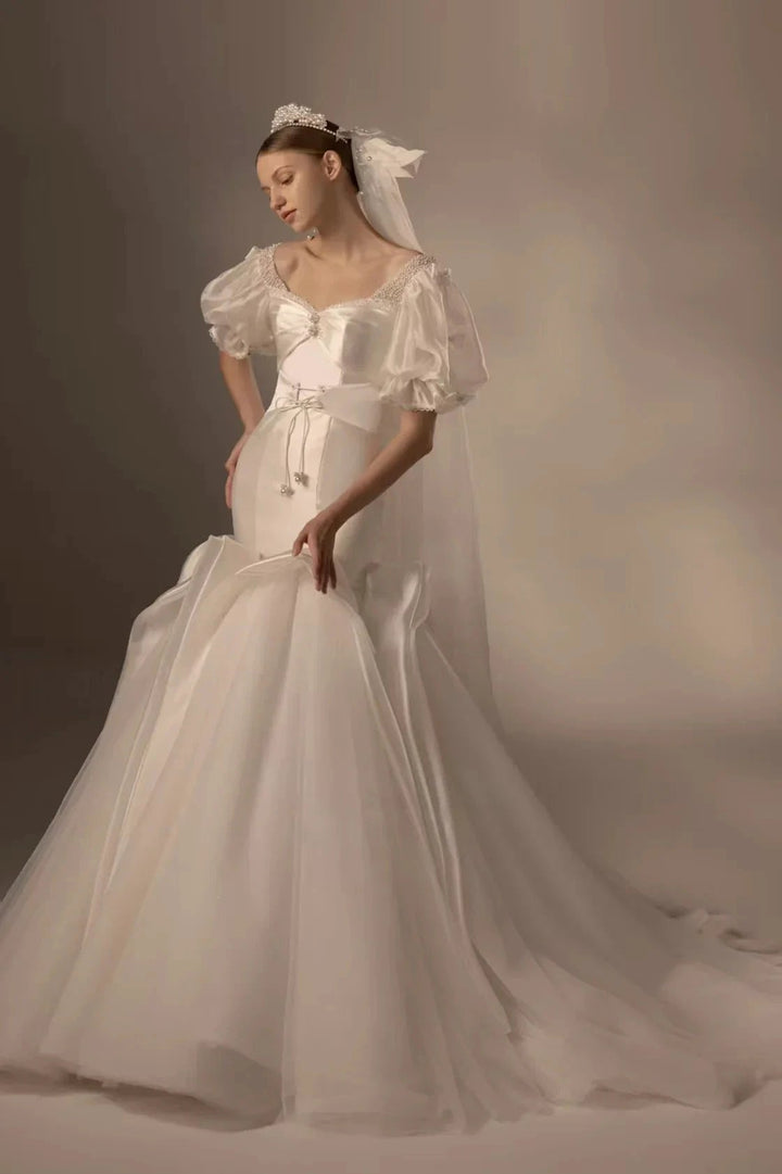 Elegant Mermaid Square Neck Organza Puff Sleeve Satin Wedding Dress with Crystal Trim &amp; Lace-Up Back Q6019 by ZAPDRESS