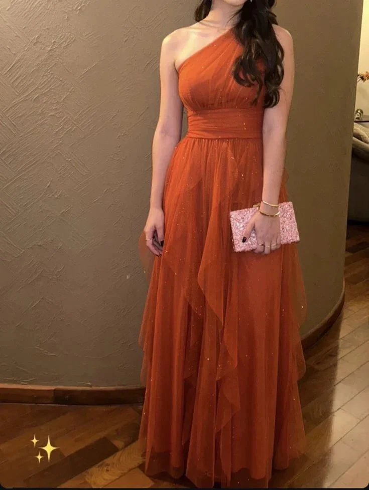 Glitter Orange Tulle Evening Dress One Shoulder Prom Dress Y7602 by simplepromdress