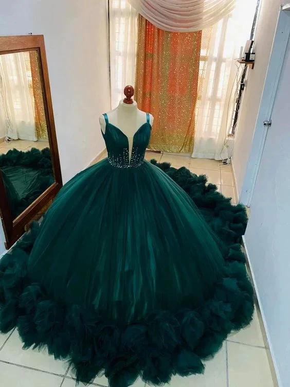 Stunning Tulle Lace-up Back Ball Gown,Teal Princess Dress With Ruffles Y1233 by simplepromdress