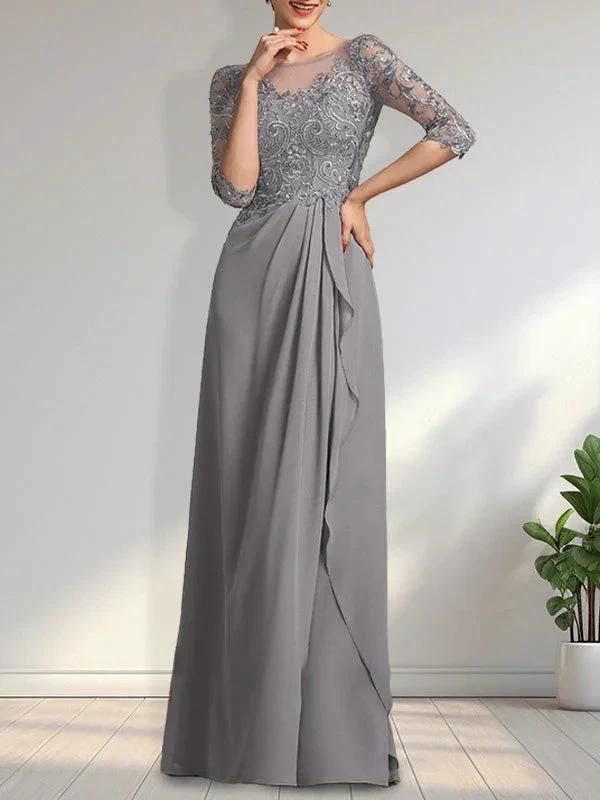 A-line Scoop Illusion Floor-Length Chiffon Lace Mother of the Bride Dress With Beading Sequins Cascading Ruffles by Dreamylily