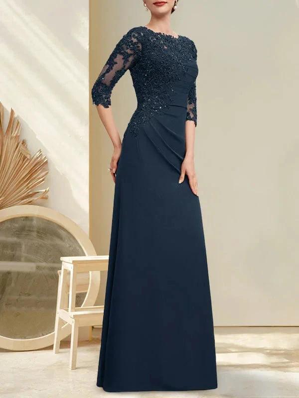 A-line Scoop Floor-Length Chiffon Lace Mother of the Bride Dress With Beading Pleated Sequins by Dreamylily