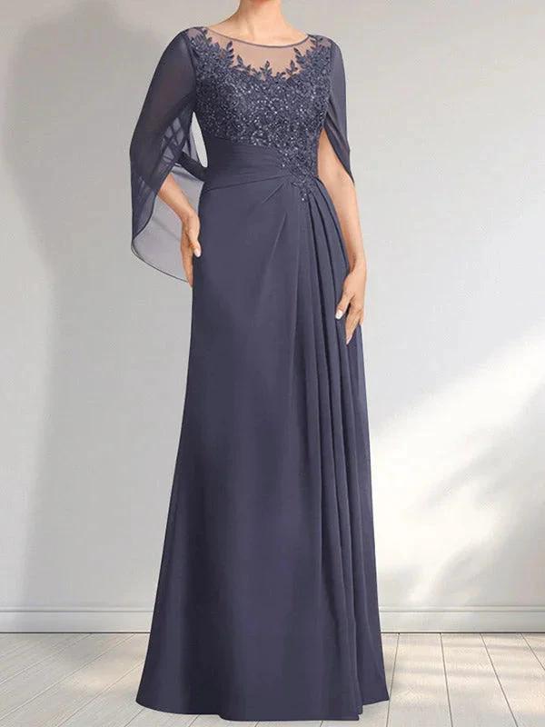 A-line Scoop Illusion Floor-Length Lace Chiffon Mother of the Bride Dress With Pleated Sequins by Dreamylily