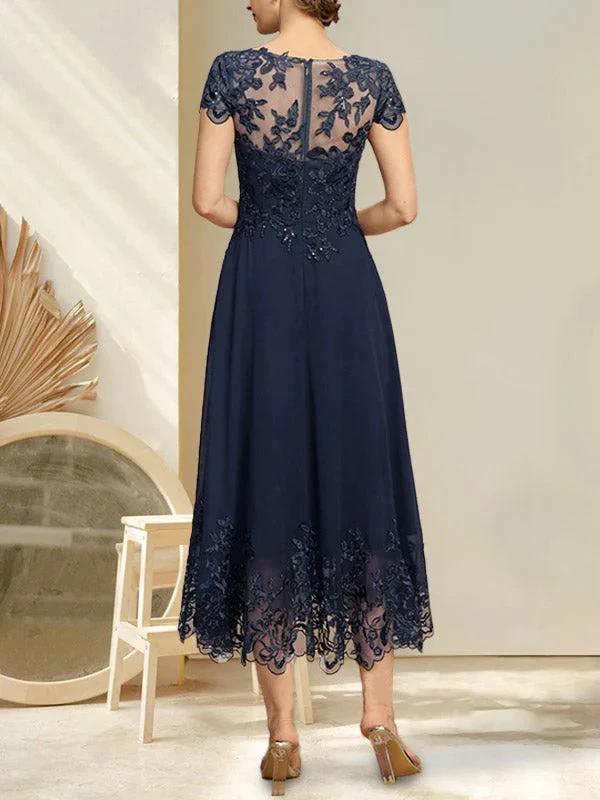 A-line Illusion Scoop Tea-Length Lace Chiffon Mother of the Bride Dress With Sequins by Dreamylily