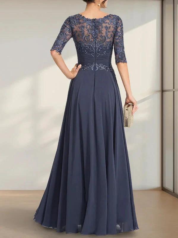 A-line Scoop Illusion Floor-Length Chiffon Lace Mother of the Bride Dress With Pleated Sequins by Dreamylily