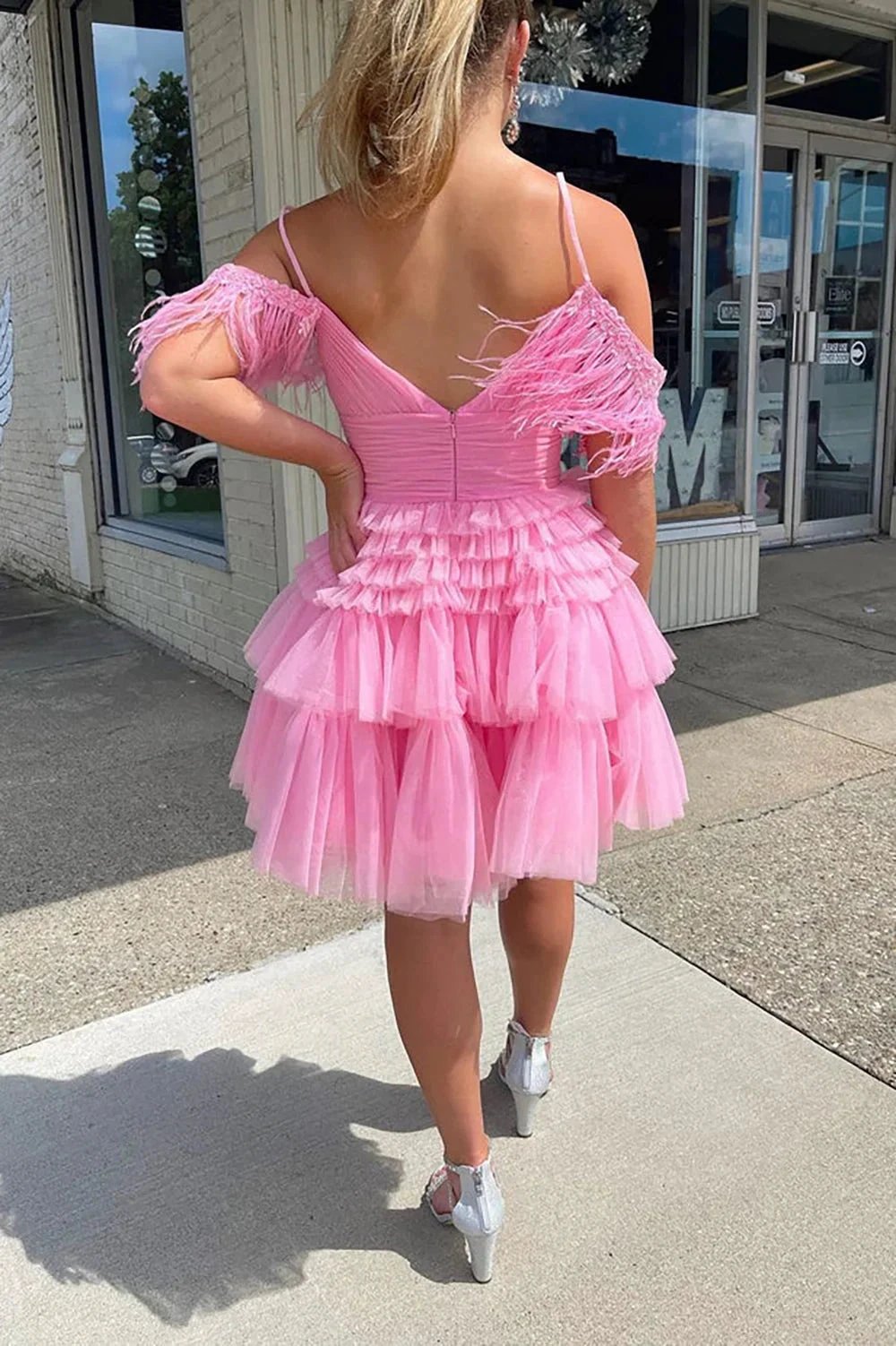 Cute Pink A Line Feather Tulle Homecoming Dresses by Ombreprom