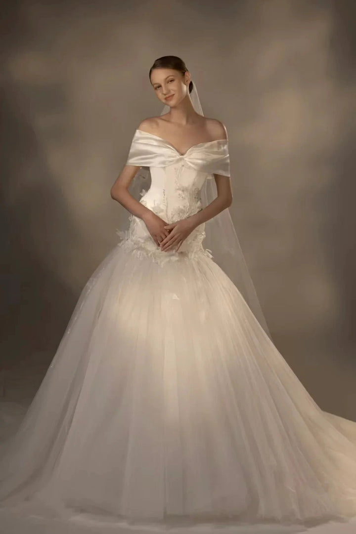Gorgeous Long Ball Gown Off-the-Shoulder Satin &amp; Tulle Wedding Dress with 3D Embroidery &amp; Cathedral Train Q6013 by ZAPDRESS