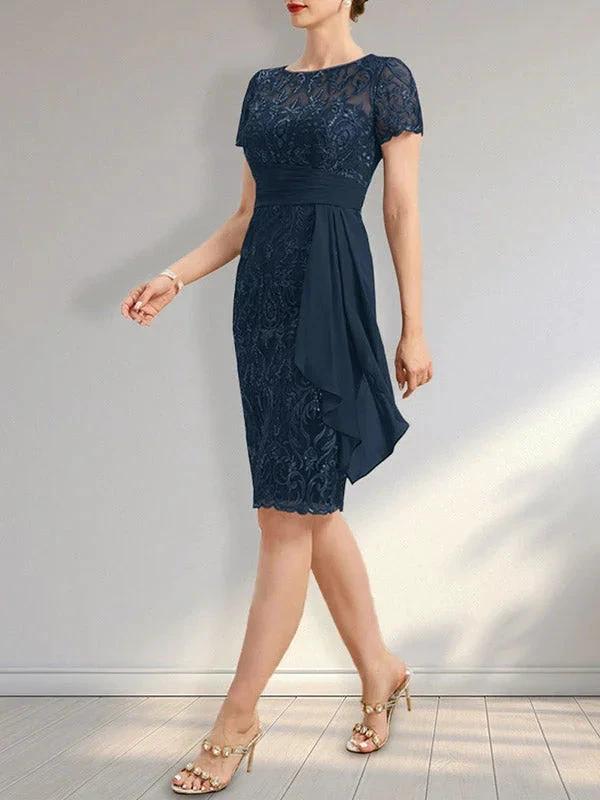 Sheath Scoop Illusion Knee-Length Lace Chiffon Mother of the Bride Dress With Cascading Ruffles Sequins by Dreamylily