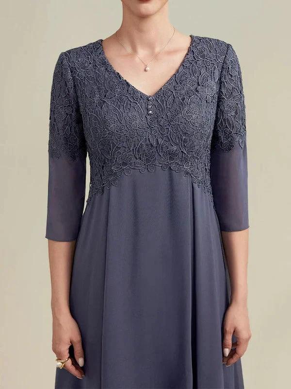 A-line V-Neck Tea-Length Chiffon Lace Mother of the Bride Dress With Beading by Dreamylily