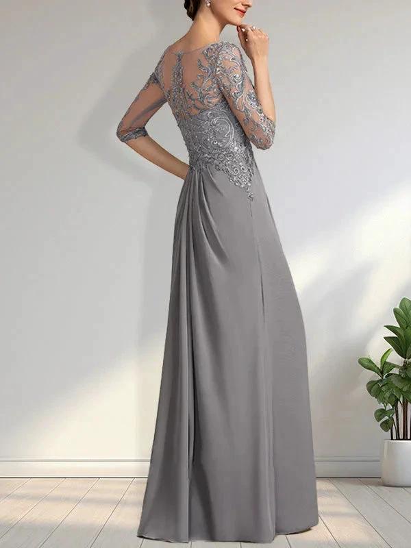 A-line Scoop Illusion Floor-Length Chiffon Lace Mother of the Bride Dress With Beading Sequins Cascading Ruffles by Dreamylily