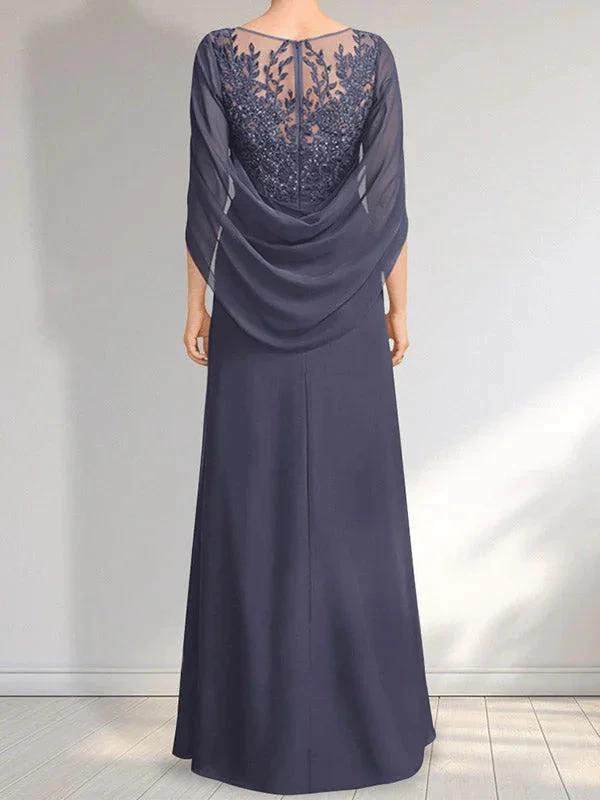 A-line Scoop Illusion Floor-Length Lace Chiffon Mother of the Bride Dress With Pleated Sequins by Dreamylily