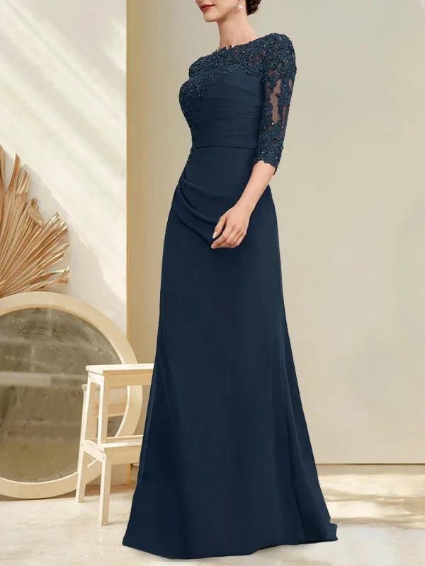 A-line Scoop Floor-Length Chiffon Lace Mother of the Bride Dress With Beading Pleated Sequins by Dreamylily