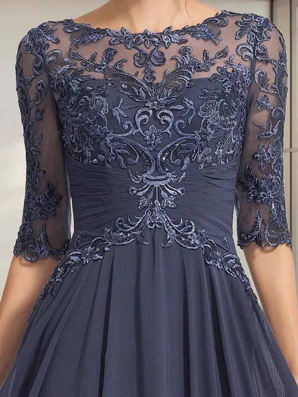 A-line Scoop Illusion Floor-Length Chiffon Lace Mother of the Bride Dress With Pleated Sequins by Dreamylily