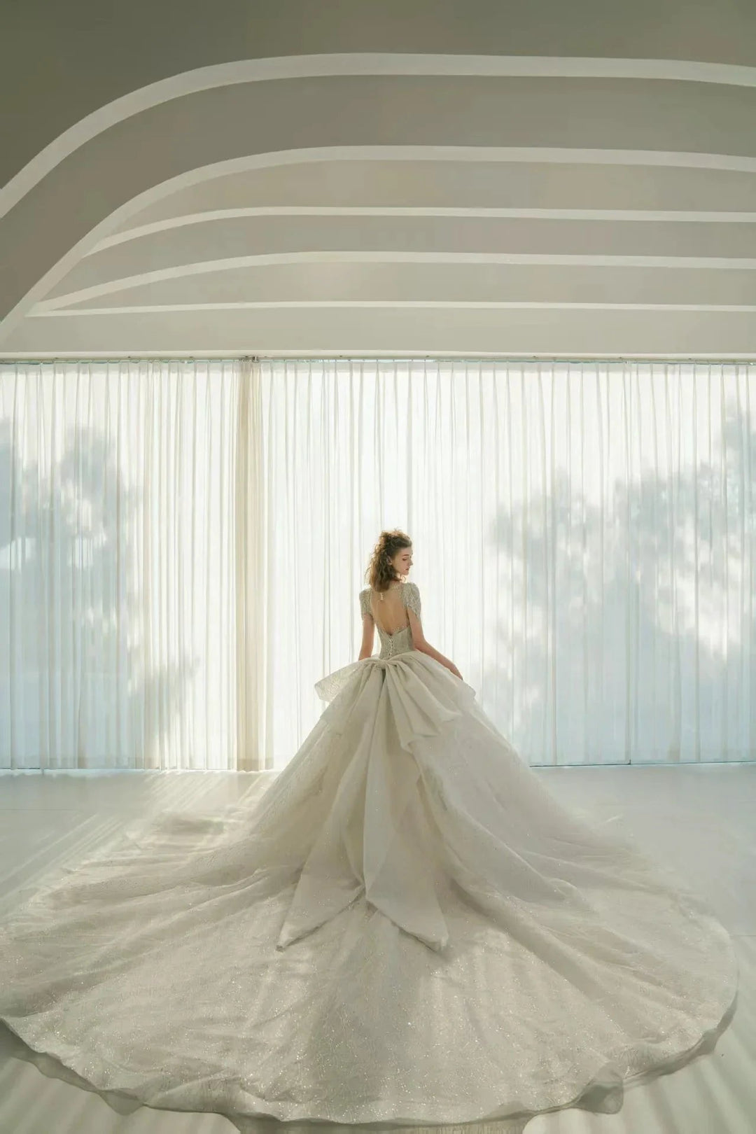 Luminous Ball Gown Illusion Neck Tulle Wedding Dress with Crystal Beaded Embroidery &amp; Bow Back Train Q-6023 by ZAPDRESS