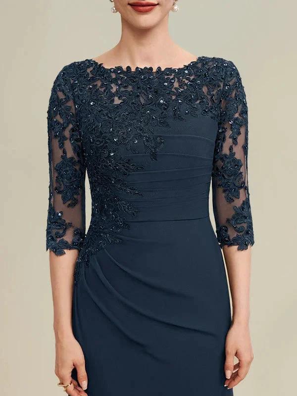 A-line Scoop Floor-Length Chiffon Lace Mother of the Bride Dress With Beading Pleated Sequins by Dreamylily