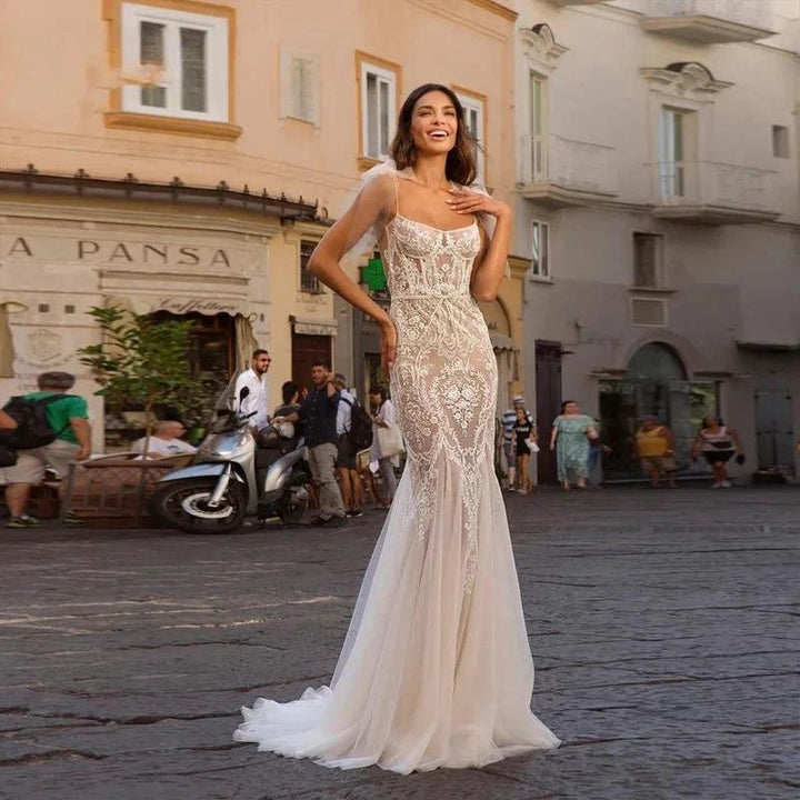Elegant Scoop Neck Backless Mermaid Wedding Dress Simple Sleeveless Spaghetti Strap Bride Party Romantic Tulle Applique by payinti
