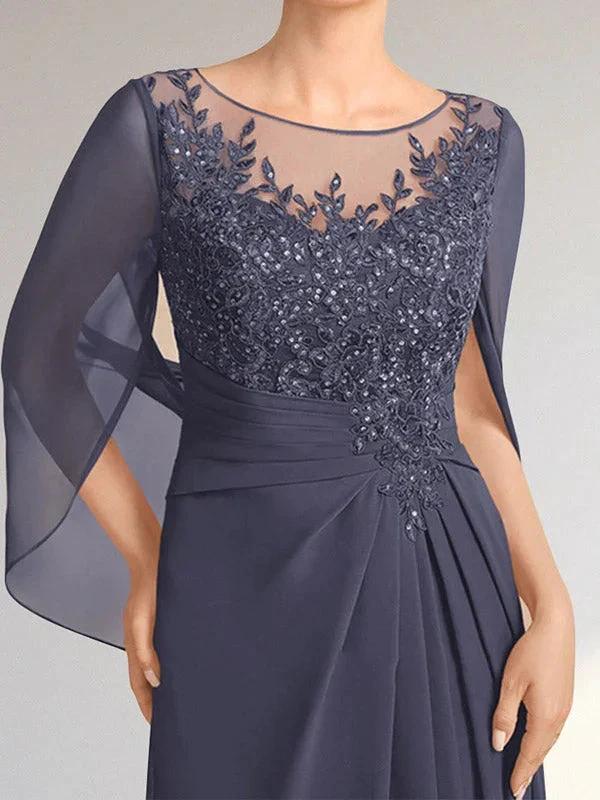 A-line Scoop Illusion Floor-Length Lace Chiffon Mother of the Bride Dress With Pleated Sequins by Dreamylily