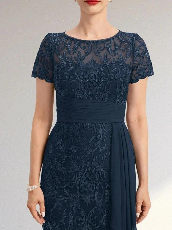 Sheath Scoop Illusion Knee-Length Lace Chiffon Mother of the Bride Dress With Cascading Ruffles Sequins by Dreamylily