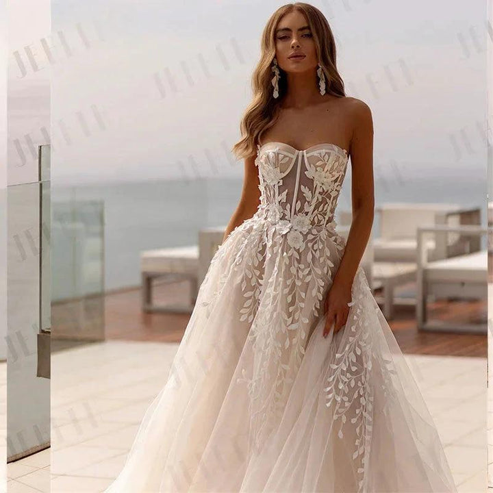Fashion Strapless 3D Flower Lace Applique Wedding Dresses Sweep Train Custom Bridal Grown Vestido De Noival by payinti