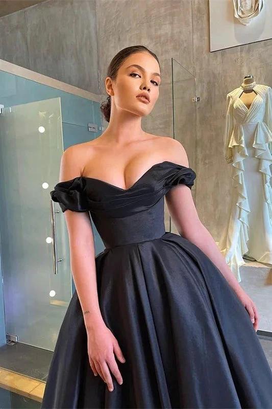A-line Sleek and Stunning Off-the-Shoulder Black Prom Dress with Ruffle by BIZTUNNEL
