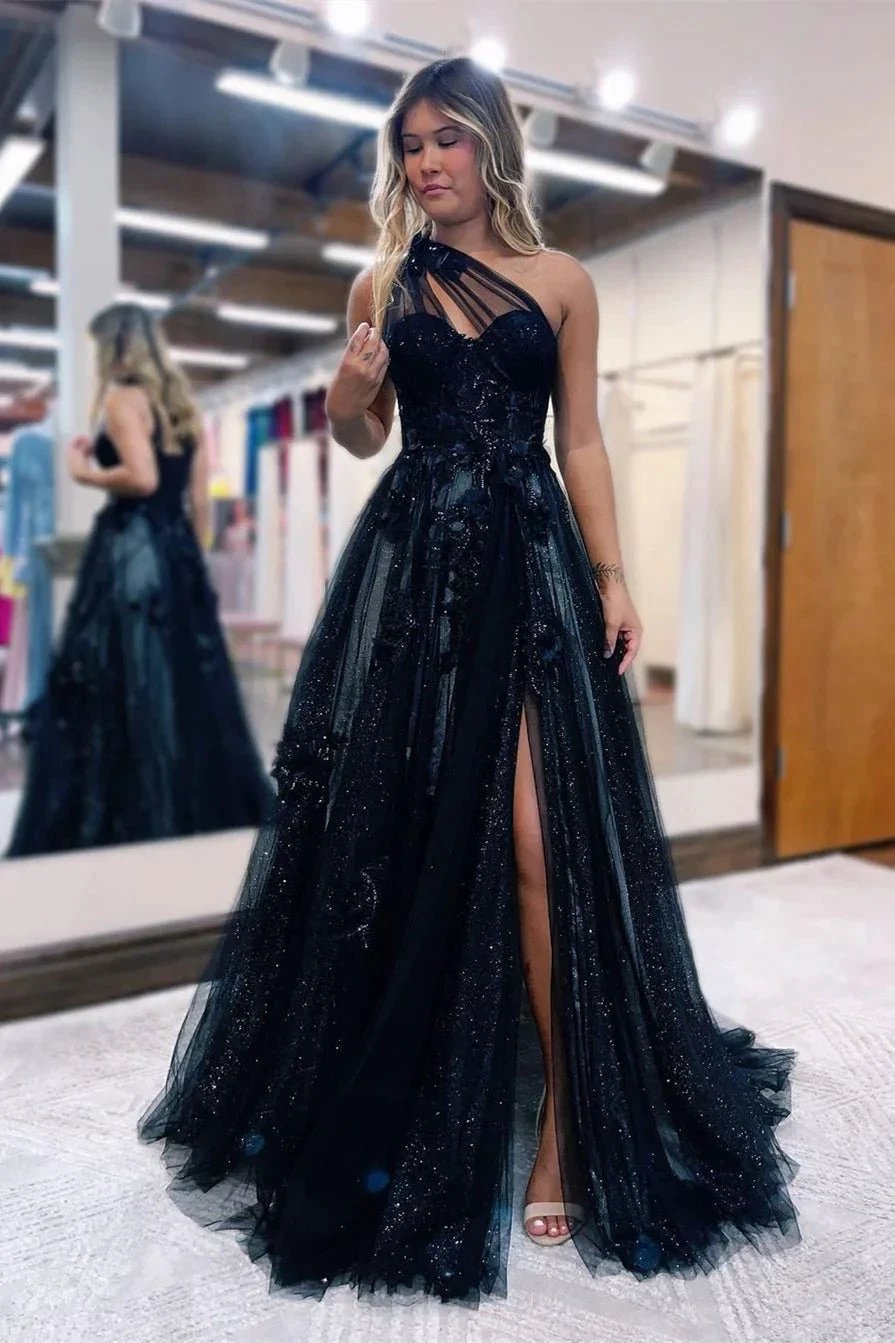 Black Long A-line One Shoulder Tulle Prom Dress with Slit by BIZTUNNEL