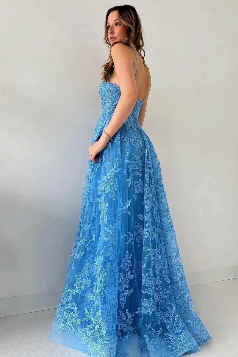 Blue Spaghetti Straps Tulle Appliques Long Prom Dresses by Kissprom