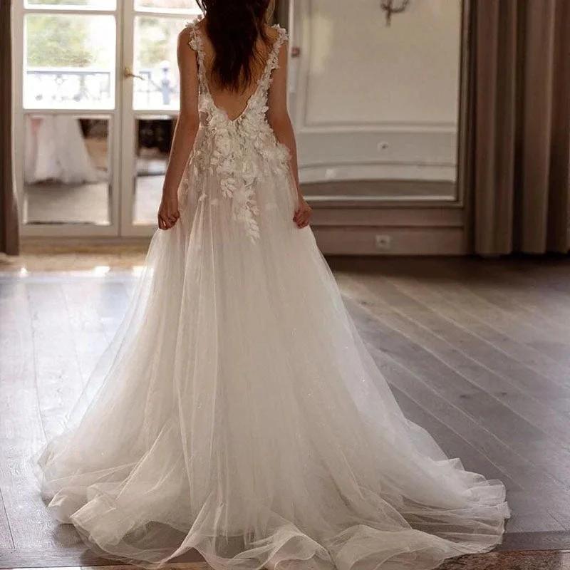 Sexy Backless Wedding Dresses For Woman V Neck Appliques Bridal Gowns Bohemian Princess Customize Tulle Vestidos by payinti
