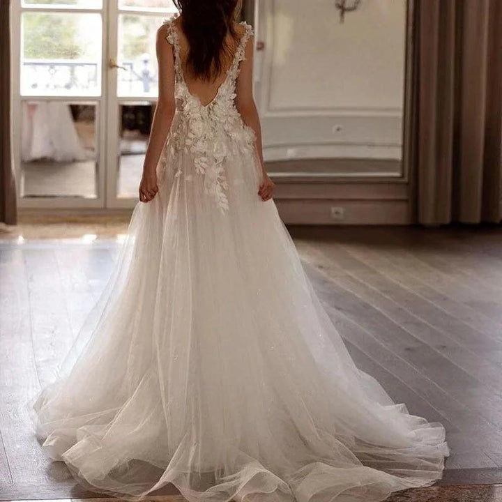 Sexy Backless Wedding Dresses For Woman V Neck Appliques Bridal Gowns Bohemian Princess Customize Tulle Vestidos by payinti