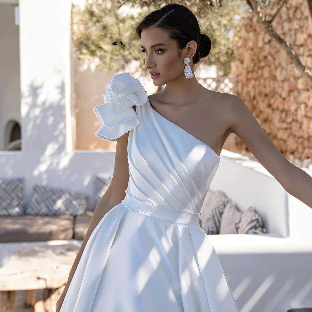 Elegant A-Line One Shoulder Stain Wedding Dress Beading Sleeveless Bridal Gowns For Women Custom Made Vestido De Novia by payinti