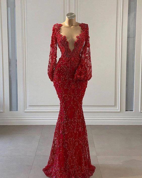 Mermaid Deep V Neck Lace Beaded Evening Dress Reception Dress Y735 by simplepromdress