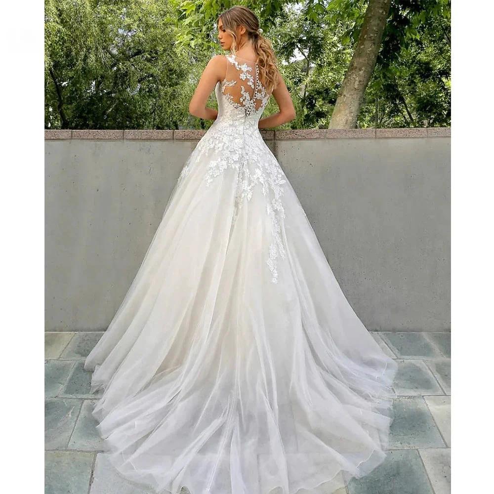 Elegant Wedding Dress A-Line O-Neck Tank Lace Appliques Illusion Button Tulle Bride Gown Robe De Mariée Customized by payinti