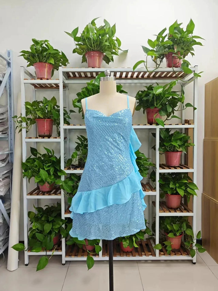 Beautiful Blue Straps Sequins Chiffon Ruffles Cocktail Dress Homecoming Dress Y8253 by simplepromdress