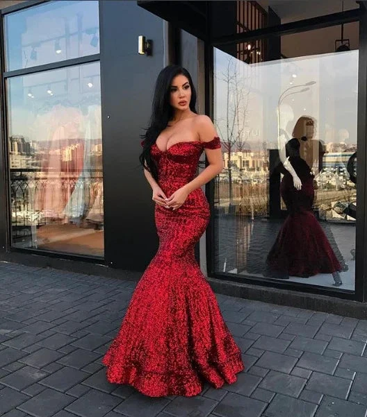Vestido Formal de Baile Comprido Bordô com Cauda de Sereia, Ombros Descobertos e Lantejoulas