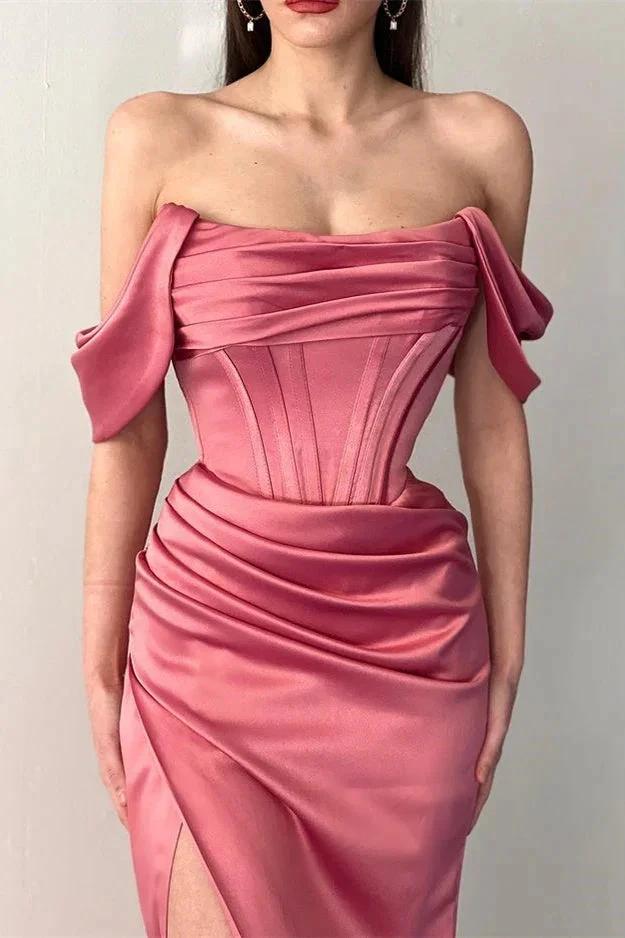 Off The Shoulder Mermaid Prom Dress with Elegant Pleats and Daring Split by BIZTUNNEL